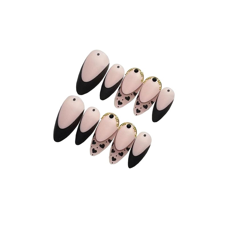 SINHOT French Tip Press on Nails Medium Almond Fake Nails Glossy False Nails Stiletto Glue on Nail with Design Cute Black Graffiti Full Cover Acrylic Nail (24Pcs,1 Glue) - Image 4